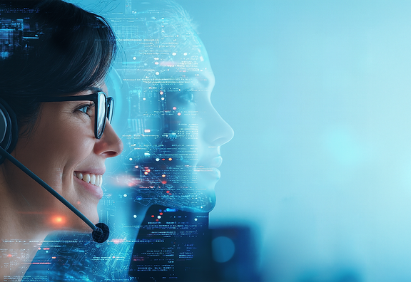 Voicebot for mountain railroads - woman with headset on her head